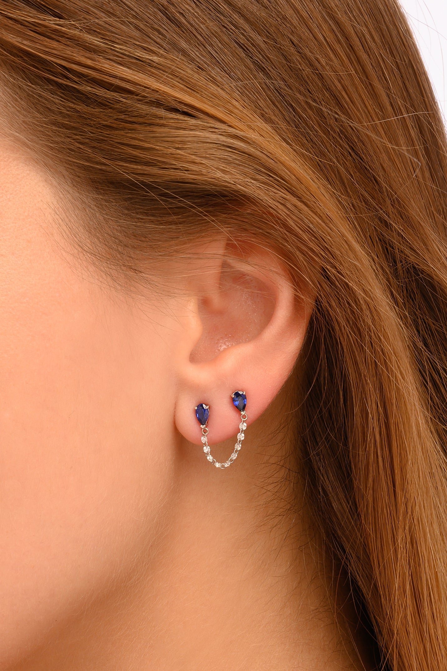 Single Earring with Diamond Chain and Sapphire
