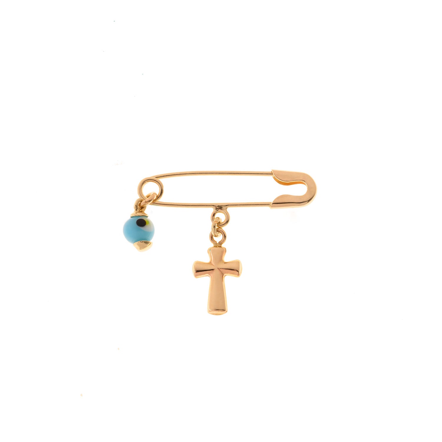 Gold Pin with Cross Pendant and Evil Eye