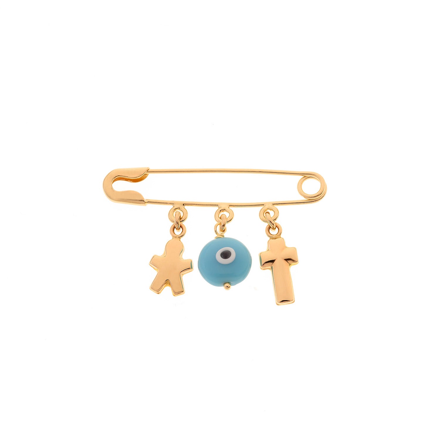 Gold Pin with Pendants and Blue Evil Eye