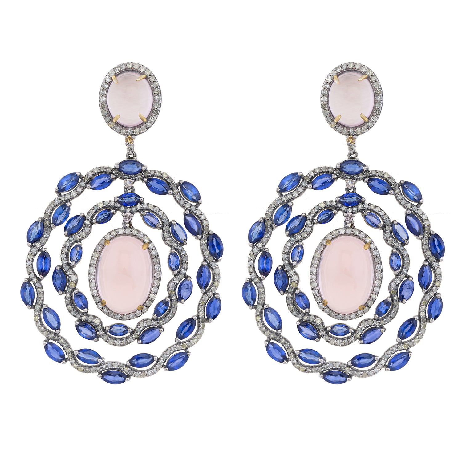 Blue Sapphire, Rose Quartz and Diamond Earrings