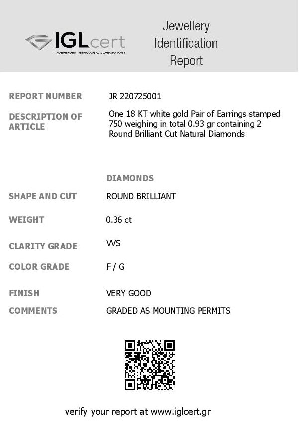 0.36ct, F/G, VVS2 Diamond Stud Earrings