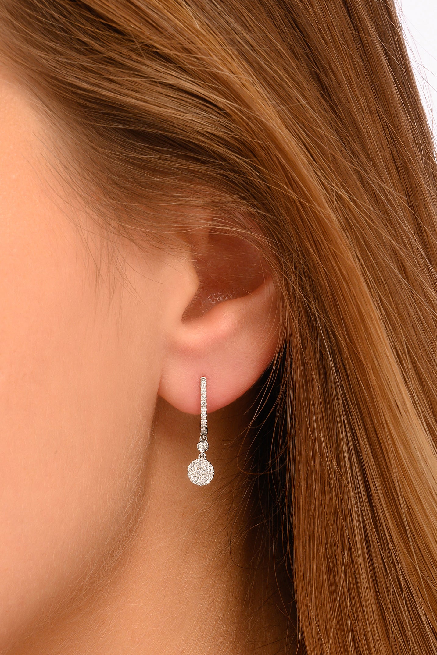 White Gold Diamond Hoops with Circular Dangle