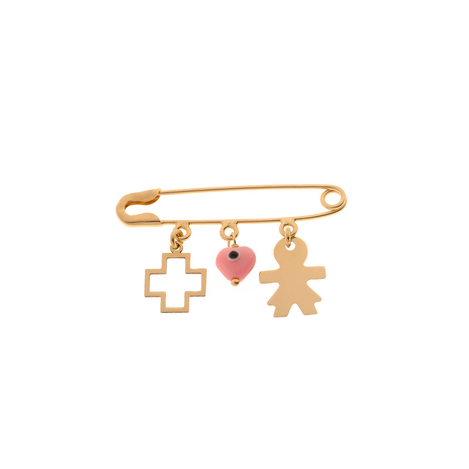 Gold Pin with Pendants and Pink Evil Eye Heart