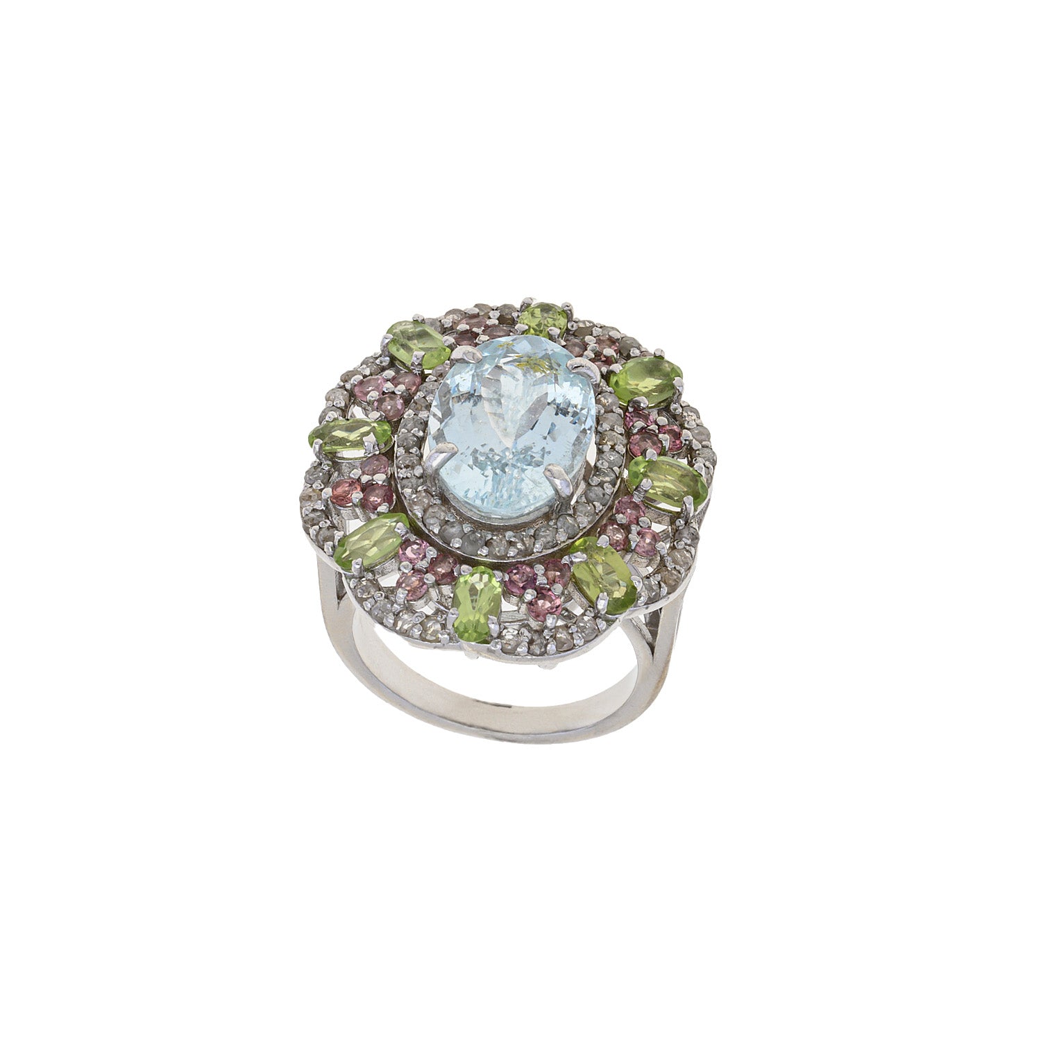 Ocean Garden: Aquamarine, Peridot & Tourmaline Ring in Silver