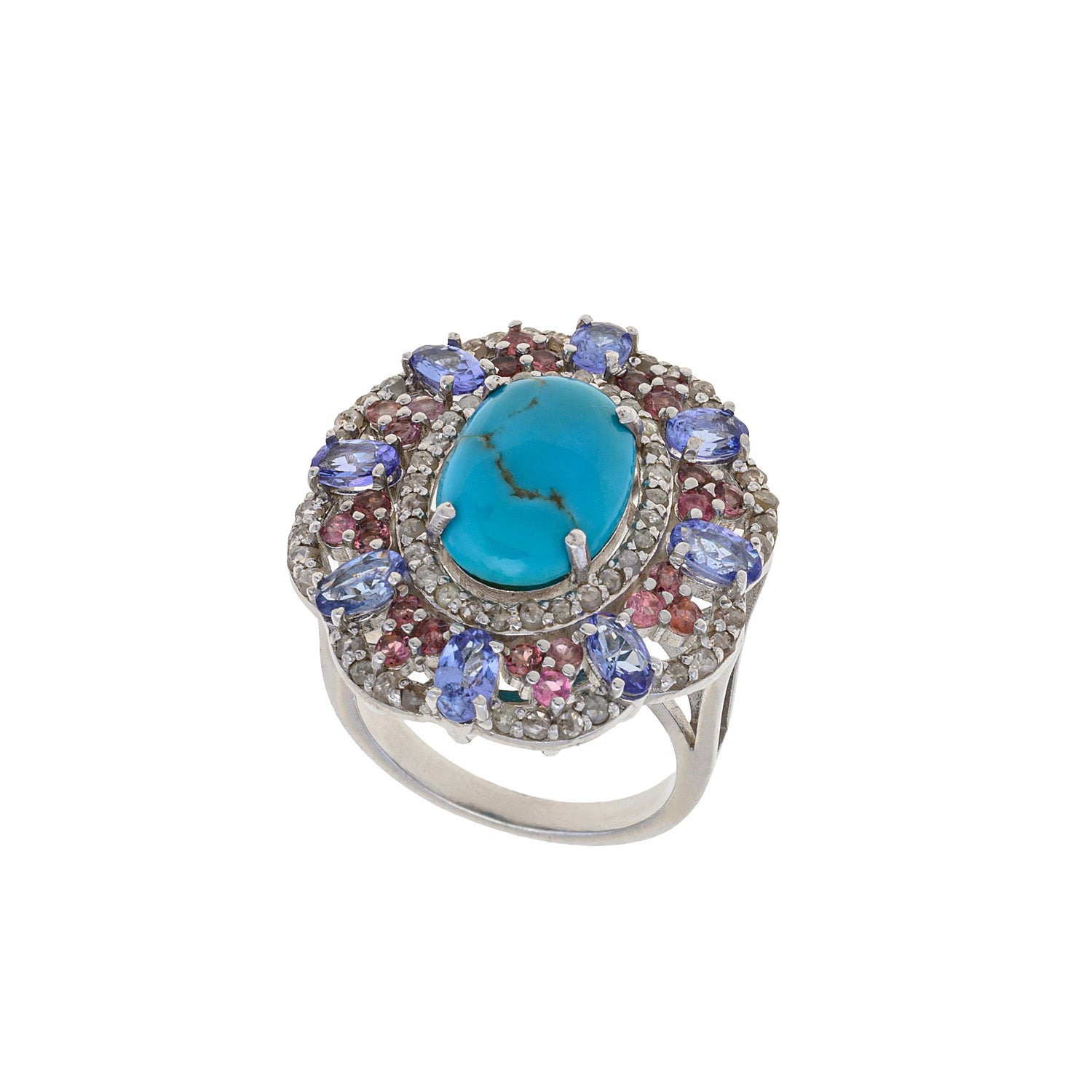 Summer Aurora: Turquoise Silver ring with Tanzanite & Tourmaline