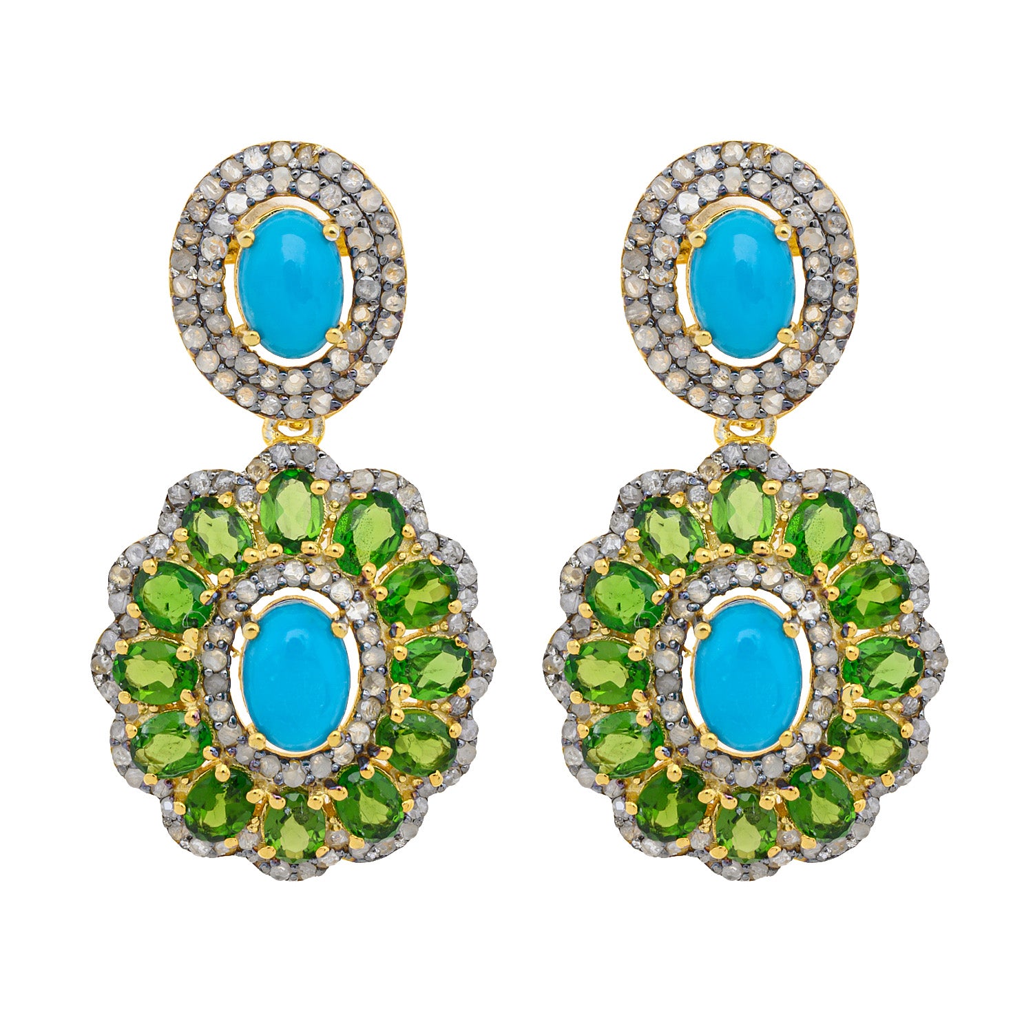 Nature’s Crown: Green Tourmaline and Turquoise Silver Earrings