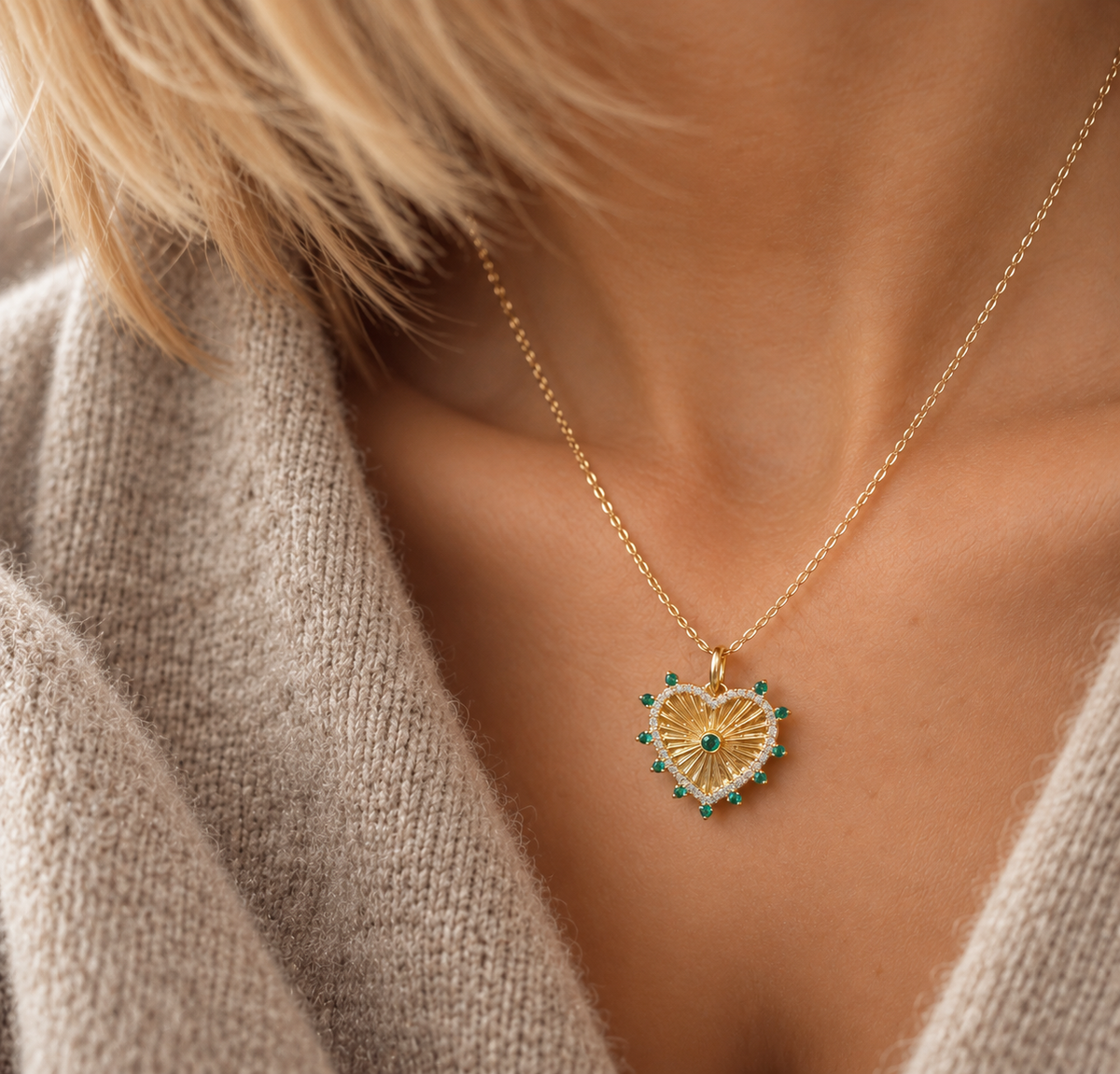 Emerald Sunburst Heart Pendant