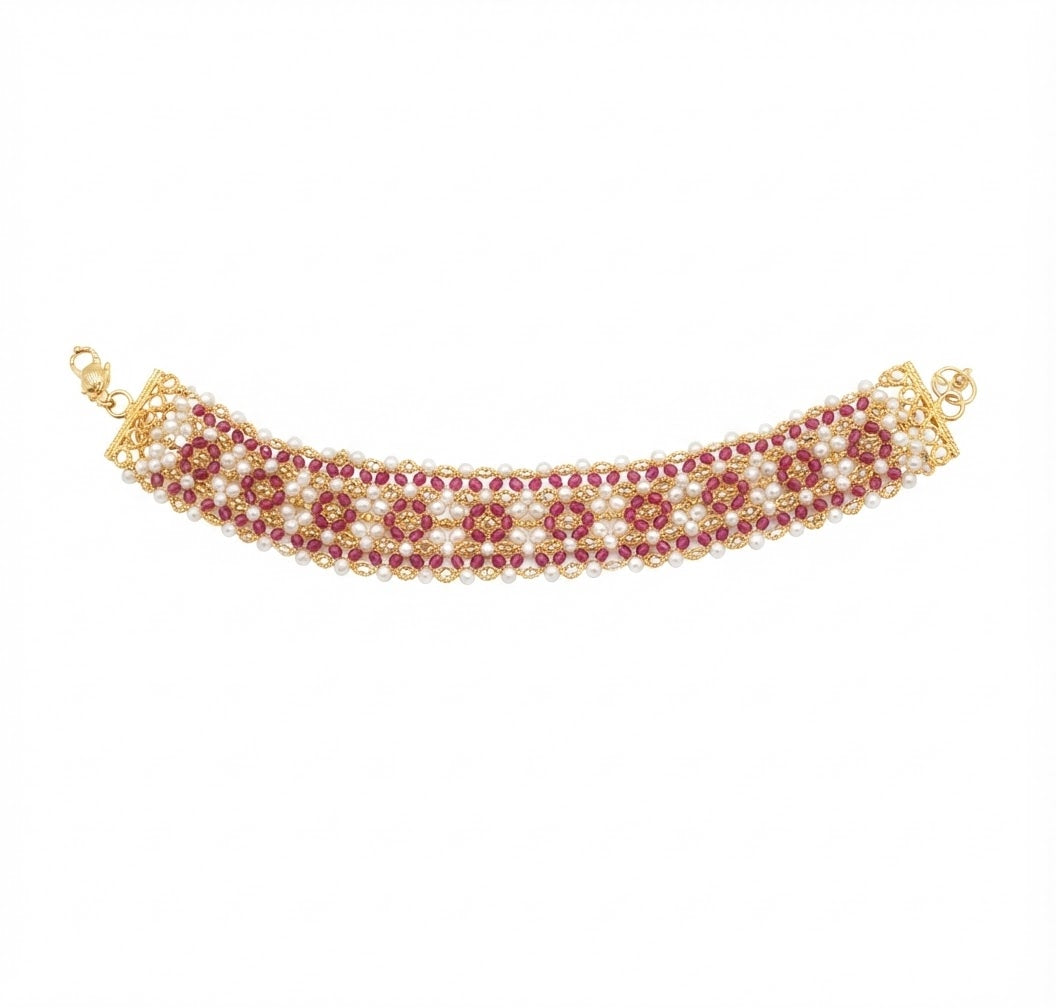 Ruby Flower and Pearls Bracelet