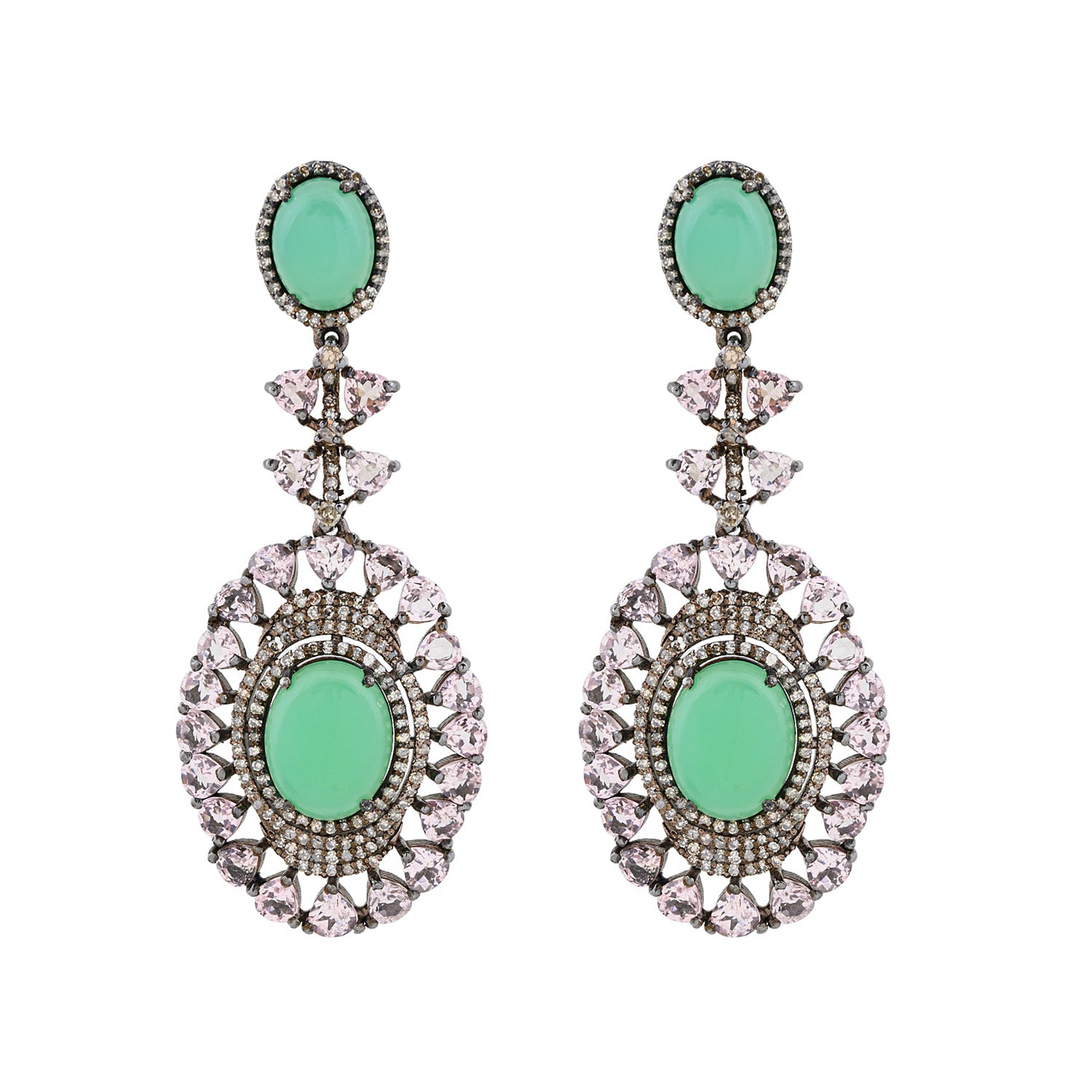 Green Dangling Oval Silver Earrings