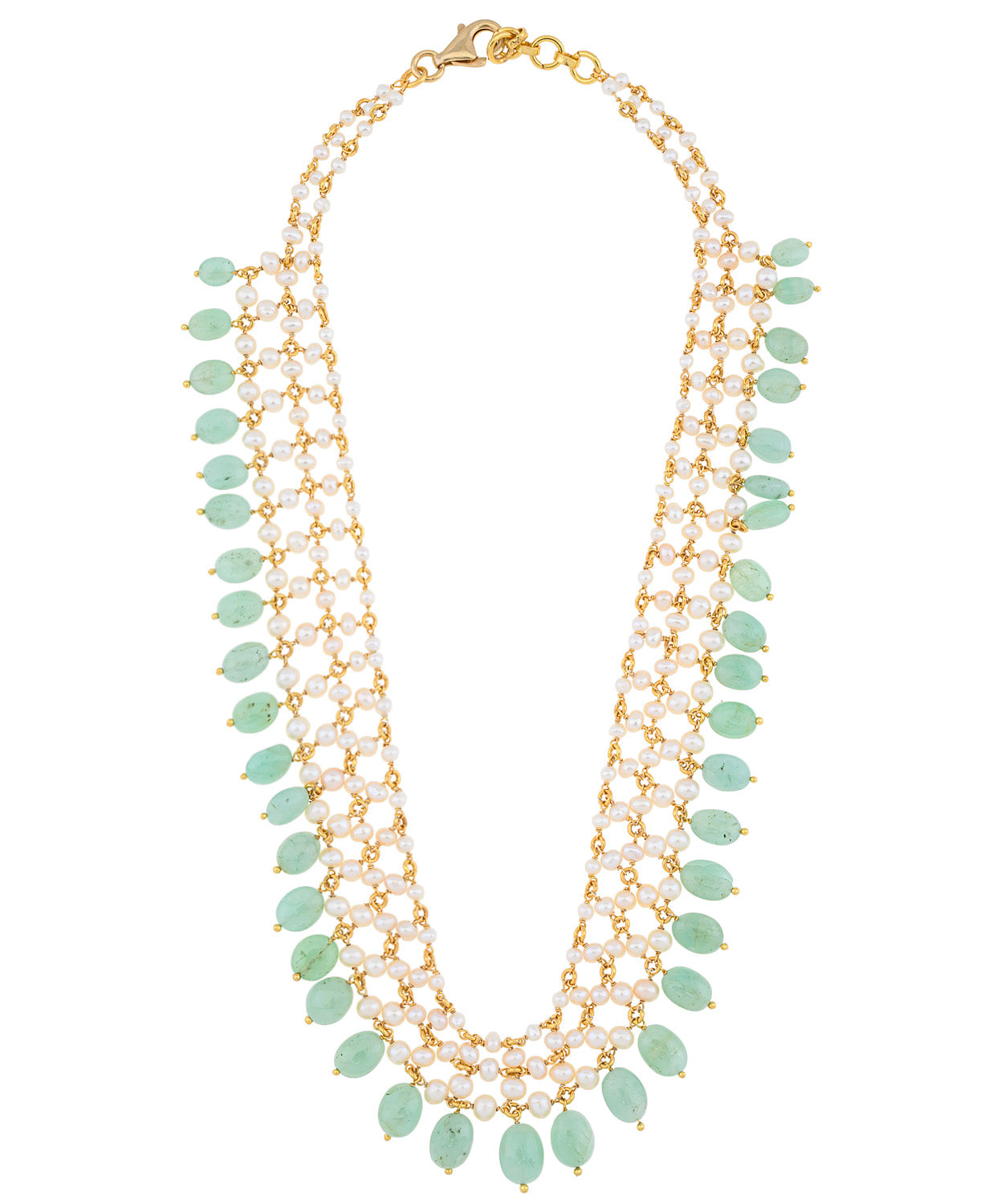 Multi-strand lattice Pearl $ Emerald Necklace