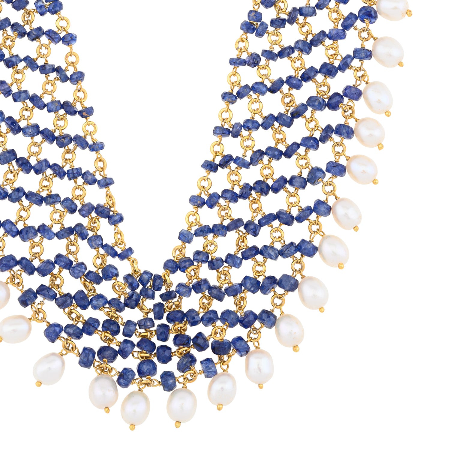 Multi-strand lattice Blue Sapphire & Pearl Necklace