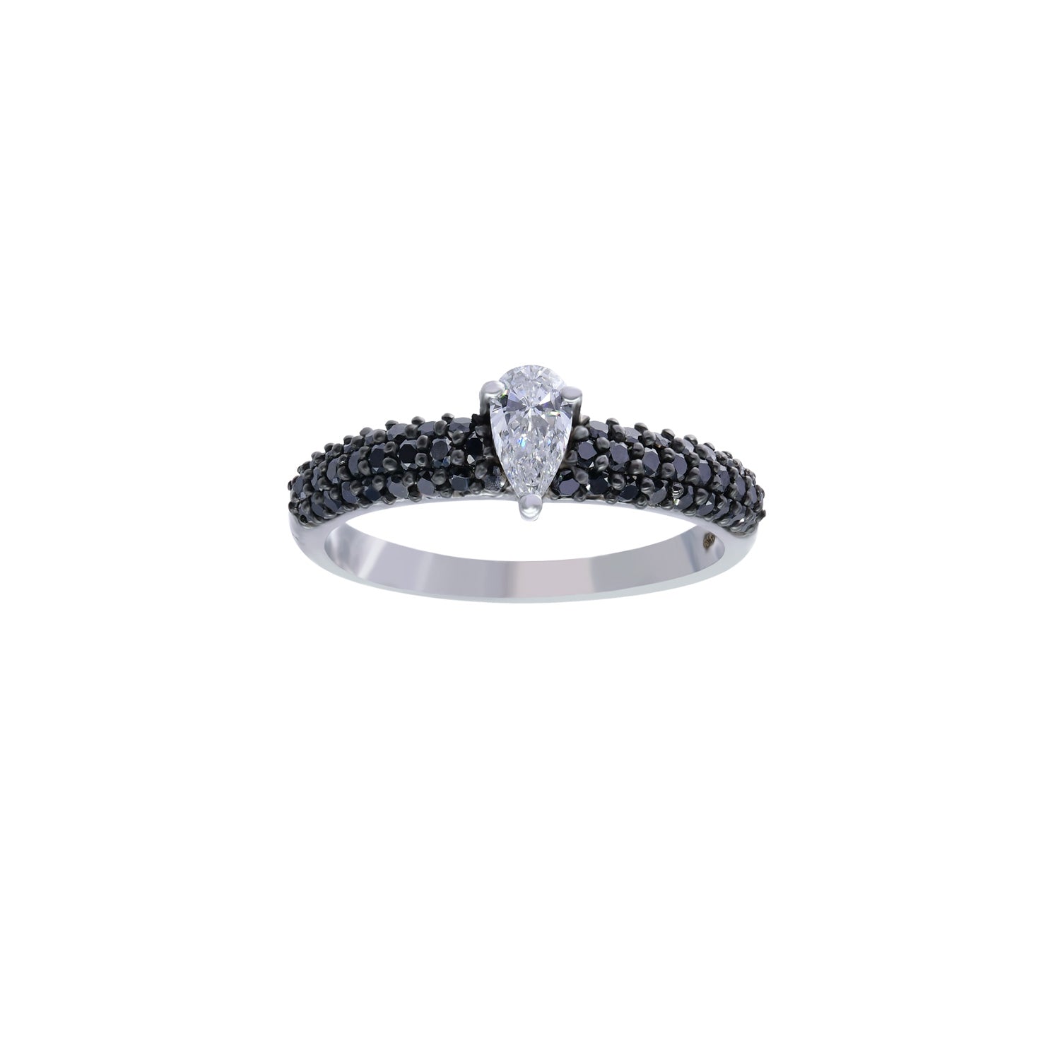 Engagement ring. Diamond engagement ring. White and black diamond ring. Black diamond ring. Pear shaped diamond ring.